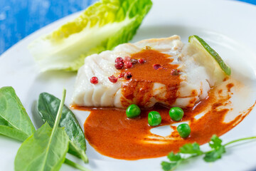 Steamed cod fillet with paprika sauce and salad leaves.