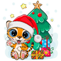 Cartoon Tiger is near the Christmas tree