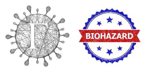 Foto op Aluminium Mesh net Gamma coronavirus framework icon, and bicolor rubber Biohazard seal. Flat framework created from Gamma coronavirus pictogram and intersected lines. Vector seal with unclean bicolored style, © Tensor Designs