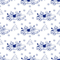 Doodle vector seamless pattern with Christmas elements - snowman, Christmas tree, stars, gifts, car. A hand-drawn background. Illustration for wrapping paper, textiles.