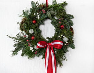 Fototapeta na wymiar Christmas wreath with a red bow, white balls and frozen berries on a light wooden background. Christmas decorative wreath with red ribbon on the front door