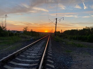 Plakat railway in the sunset