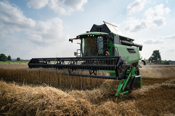 Obraz premium Agrarfoto - Getreideernte. Moderner Mähdrescher auf dem Feld im Ernteeinsatz. 