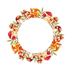 Round autumn frame with watercolor mushrooms (chanterelles, amanita, toadstools, porcini mushroom) and leaves. Template for postcards, posters and more.