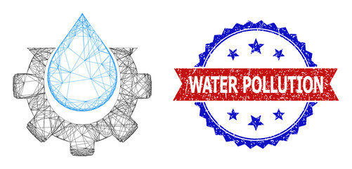 Network water production model illustration, and bicolor grunge Water Pollution seal stamp. Flat mesh created from water production pictogram and crossing lines.