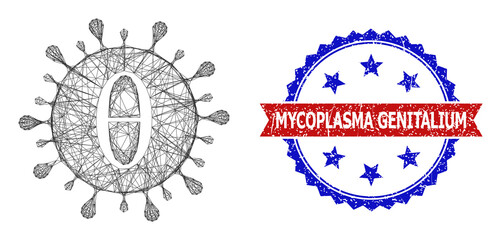 Crossing mesh Tetta covid virus carcass icon, and bicolor rubber Mycoplasma Genitalium seal. Flat framework created from Tetta covid virus icon and crossing lines.