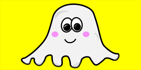 Cute ghost cartoon isolated on yellow background. Cartoon doodle.