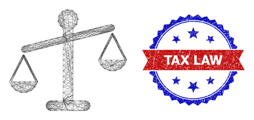 Mesh net weight disbalance carcass icon, and bicolor textured Tax Law watermark. Flat structure created from weight disbalance icon and crossed lines. Vector watermark with grunge bicolored style,