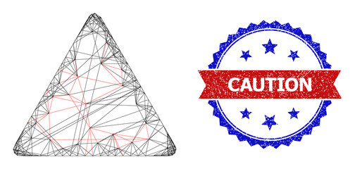 Crossing mesh danger triangle template frame icon, and bicolor grunge Caution seal. Flat frame created from danger triangle template icon and crossed lines.