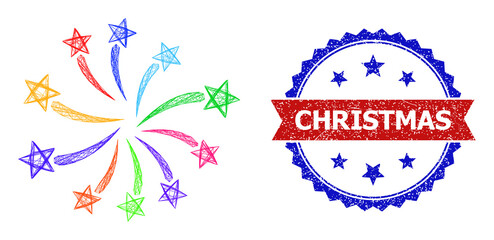 Obraz premium Crossing mesh fireworks festival framework icon, and bicolor rubber Christmas seal stamp. Flat frame created from fireworks festival icon and crossing lines.
