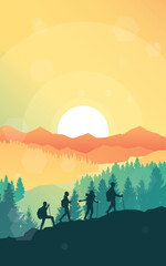 Travel concept of discovering, exploring, observing nature. Hiking tourism. Adventure. A team of friends climbs the mountains. Teamwork. Polygonal landscape illustration, Minimalist flat design