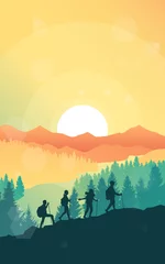 Poster Travel concept of discovering, exploring, observing nature. Hiking tourism. Adventure. A team of friends climbs the mountains. Teamwork. Polygonal landscape illustration, Minimalist flat design © Yurii