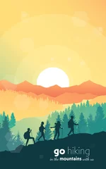 Tuinposter Reisconcept van ontdekken, verkennen, observeren van de natuur. Wandeltoerisme. Avontuur. Een team van vrienden beklimt de bergen. Teamwerk. Vector veelhoekige landschapsillustratie, minimalistisch plat ontwerp © Yurii