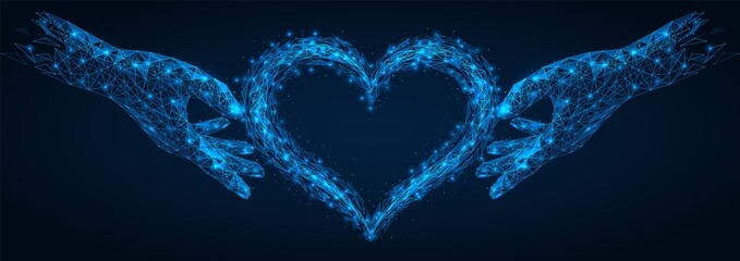 Two hands hold a heart assembled from fragments. Polygonal construction of interconnected lines and points. Blue background.