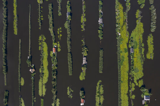 Aerial view of floating village in Scheendijk, Stichtse Vecht, Utrecht, Netherlands.