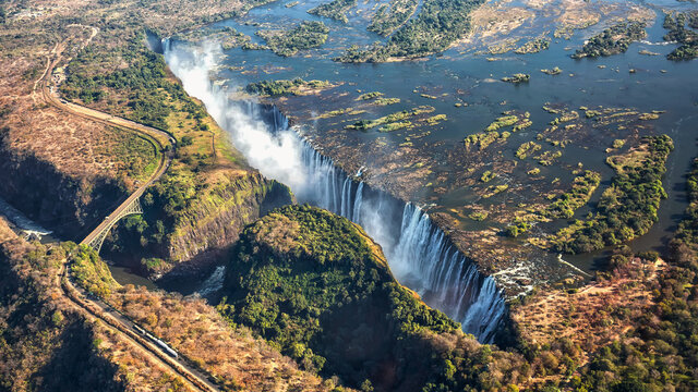 Aerial view of the Victoria Falls in Livingstone, Zambia.