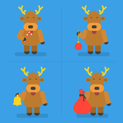 Reindeer holding candy toy bell and bag with gifts. Exclusive Characters Pack. Vector Illustration