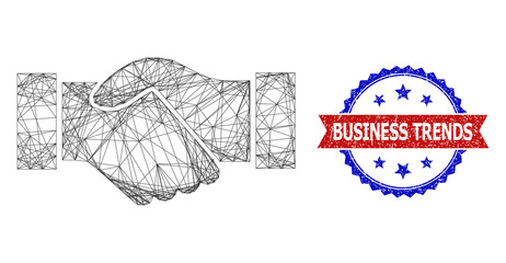 Mesh net deal handshake framework illustration, and bicolor scratched Business Trends seal stamp. Flat mesh created from deal handshake pictogram and crossed lines.