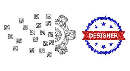 Net mesh synthesis gear carcass icon, and bicolor textured Designer watermark. Flat carcass created from synthesis gear symbol and crossing lines. Vector imprint with retro bicolored style,