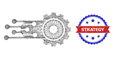Crossing mesh transition gear frame illustration, and bicolor grunge Strategy seal. Flat framework created from transition gear pictogram and crossing lines. Vector seal with unclean bicolored style,