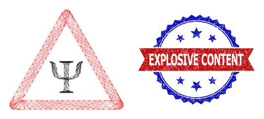 Network psychology danger framework illustration, and bicolor unclean Explosive Content seal stamp. Flat framework created from psychology danger icon and crossing lines.