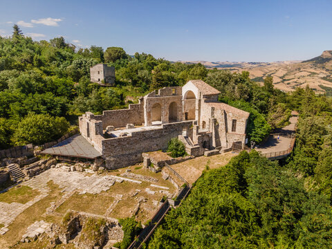 Aerial view of a destroyed and collapsed church due 1980 Irpinia earthquake, Archeological park of Conza della Campania, Avellino, Italia.