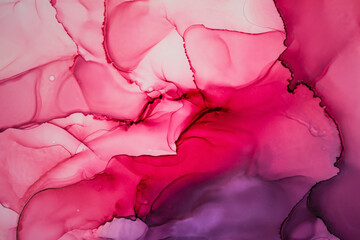 Luxury abstract fluid art painting in alcohol ink technique, mixture of red, lilac and purple paints. Vibrant transparent overlayers of ink. Tender and dreamy design.