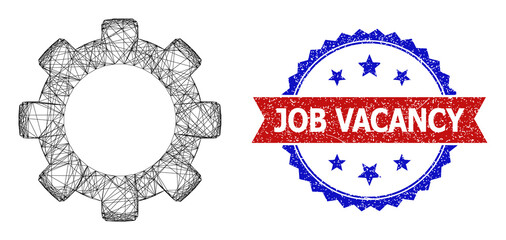 Net mesh gear framework icon, and bicolor grunge Job Vacancy seal. Flat frame created from gear icon and crossed lines. Vector seal with corroded bicolored style,