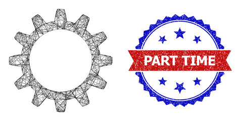 Net mesh cogwheel carcass icon, and bicolor grunge Part Time watermark. Flat model created from cogwheel icon and crossed lines. Vector watermark with corroded bicolored style,