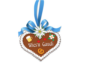 Oktoberfest Lebkuchenherz - Wies’n Gaudi - mit Schleife, Bier, Edelweiß, Bretzel, Herzen und Blümchen
Vektor Illustration isoliert auf weißem Hintergrund
