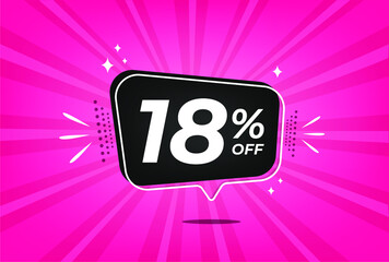 18 percent discount. Pink banner with floating balloon for promotions and offer