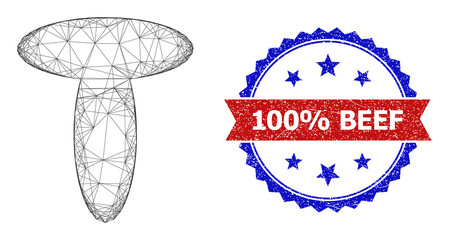 Net mesh mushroom model icon, and bicolor dirty 100% Beef watermark. Flat frame created from mushroom icon and crossing lines. Vector watermark with unclean bicolored style,