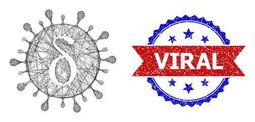 Net mesh Delta covid virus wireframe icon, and bicolor grunge Viral watermark. Flat mesh created from Delta covid virus icon and crossed lines. Vector imprint with corroded bicolored style,