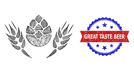 Network barley beer model icon, and bicolor scratched Great Taste Beer seal. Flat structure created from barley beer icon and crossing lines. Vector watermark with scratched bicolored style,