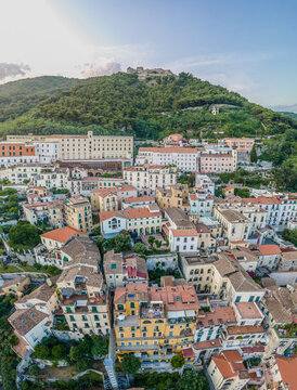 Aerial view of Salerno townscape along the mountain ridge with Arechi castle on top, Salerno, Campania, Italy.