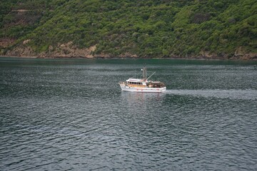 fishing boat crossing Queen Charlotte Sound near Picton in New Zealand