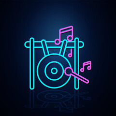 Neon big gong and musical note icon on. Neon line icon. Entertainment and karaoke music icon. neon icon.