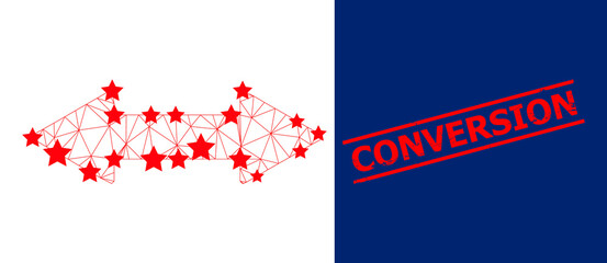 Mesh horizontal exchange arrow polygonal symbol vector illustration, and red CONVERSION dirty stamp imitation. Model is based on horizontal exchange arrow flat icon, with stars and polygonal mesh.