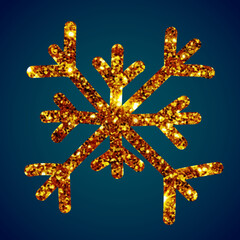 Shiny golden snowflakes on a dark green background, elements for decoration.
