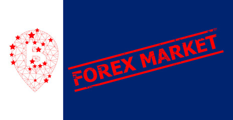 Mesh bitcoin map pointer polygonal icon vector illustration, and red FOREX MARKET unclean badge. Abstraction is created from bitcoin map pointer flat icon, with stars and polygonal mesh.