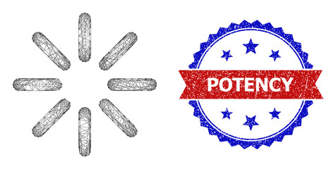 Crossing mesh brightness carcass illustration, and bicolor scratched Potency seal. Flat frame created from brightness symbol and crossing lines. Vector seal with grunge bicolored style,