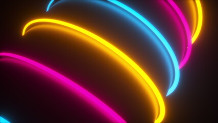 Magic round 3d render energy of glowing abstract whirlpool. Rotating rounded stripes of light in night space. Swirling volumetric electric tube with realistic smooth flashes