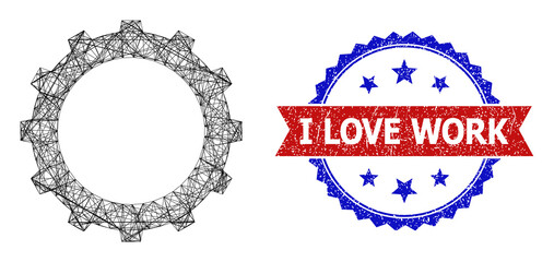 Crossing mesh gear model illustration, and bicolor unclean I Love Work seal stamp. Flat model created from gear pictogram and crossing lines. Vector seal with retro bicolored style,