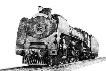 Vintage steam train locomotive. Old steam engine locomotive. Train drawing on white background.