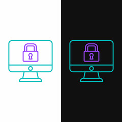 Line Lock on computer monitor screen icon isolated on white and black background. Security, safety, protection concept. Safe internetwork. Colorful outline concept. Vector