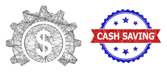 Network bank industry model icon, and bicolor textured Cash Saving seal stamp. Flat model created from bank industry symbol and crossing lines. Vector seal with unclean bicolored style,
