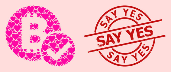 Scratched Say Yes stamp, and pink love heart collage for accept bitcoin. Red round stamp includes Say Yes text inside circle. Accept bitcoin collage is created with pink wedding items.