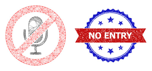 Net mesh stop microphone model icon, and bicolor textured No Entry seal stamp. Flat model created from stop microphone icon and intersected lines. Vector seal with grunge bicolored style,