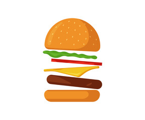 Flying burger fast food isolated icon. Scattered hamburger with tomato, bow, greens, juicy fried beef cutlet, cheese slice in toasted bun with sauce. Cheeseburger flat vector eps illustration