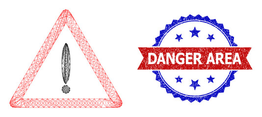 Net mesh danger carcass illustration, and bicolor textured Danger Area watermark. Flat carcass created from danger pictogram and crossing lines. Vector watermark with scratched bicolored style,